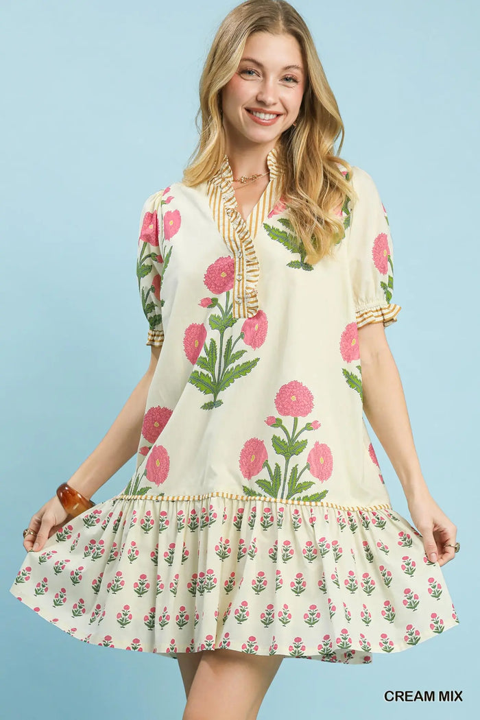 Floral Border Print Ruffle Trim Dress