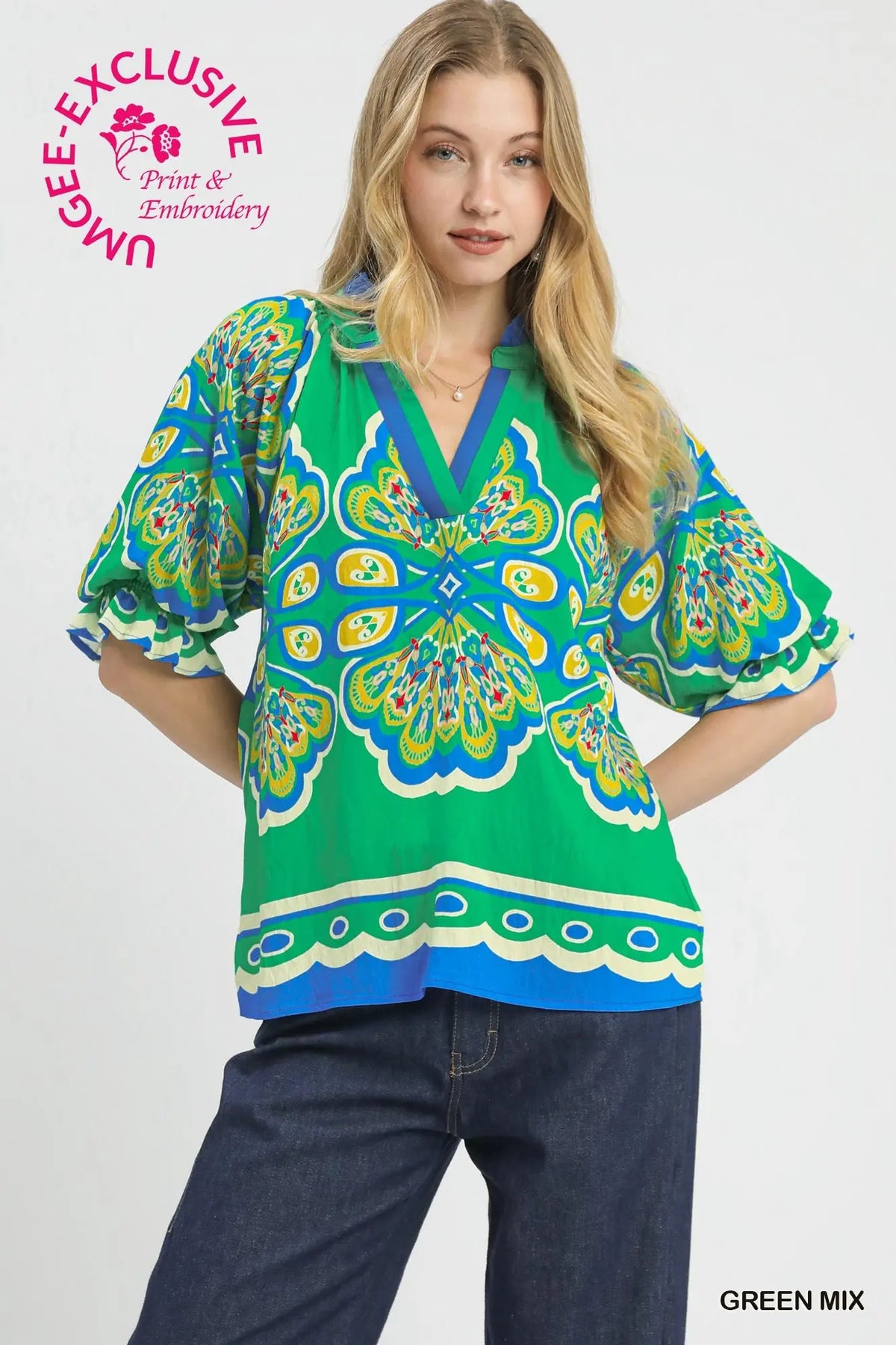 Mix Boho Print V-Neck Top