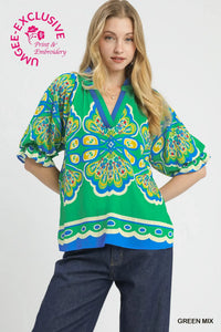 Mix Boho Print V-Neck Top
