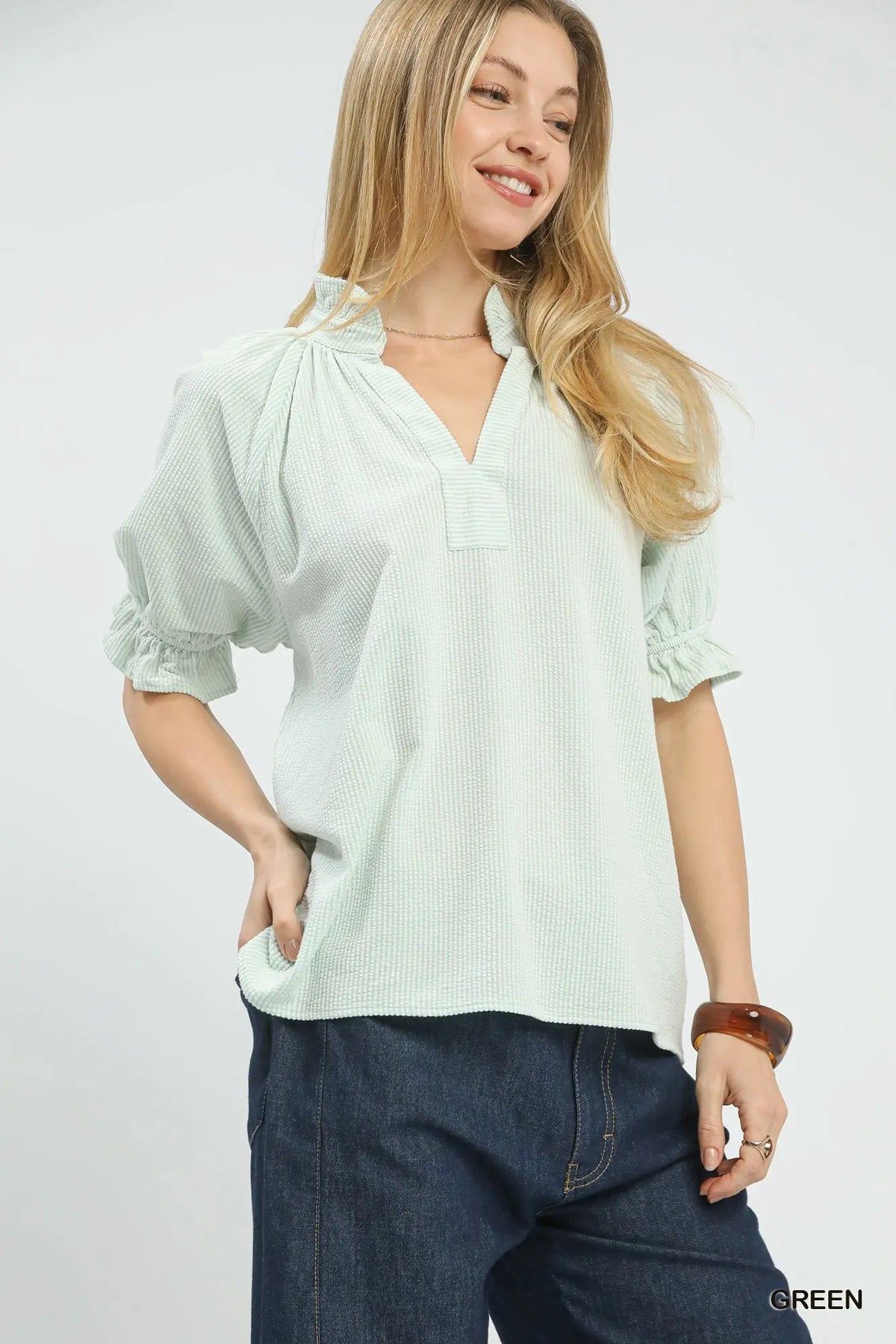 Textured Ruffle Sleeve V-Neck Top