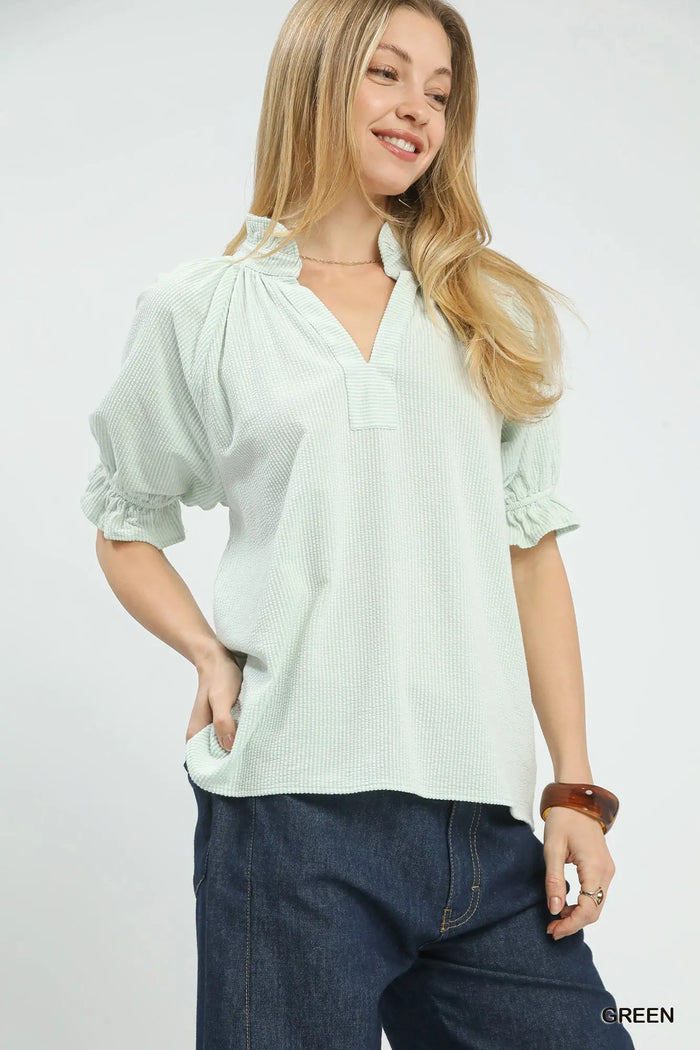 Textured Ruffle Sleeve V-Neck Top