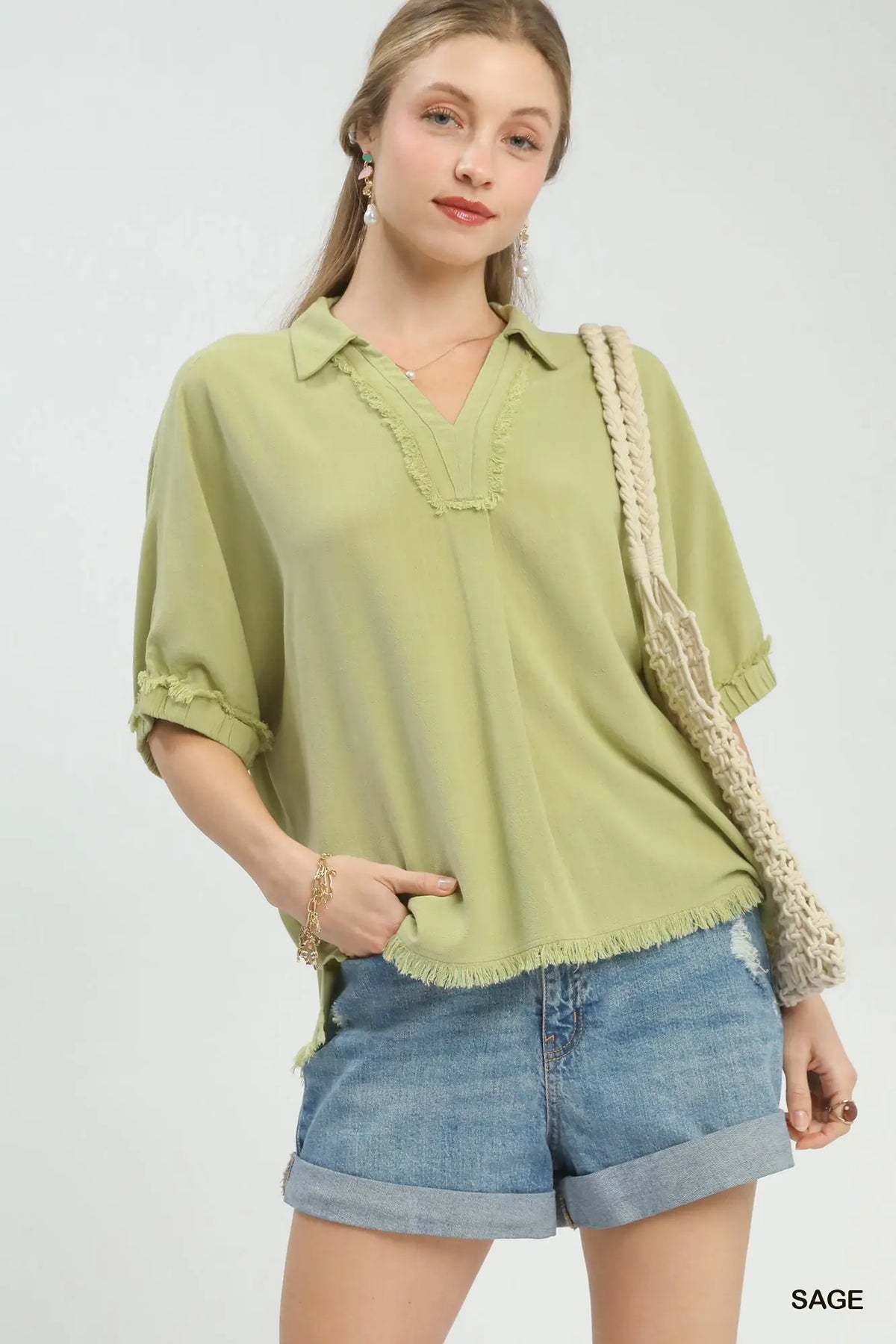 Linen Frayed Edge Split Neck Short Sleeve Top