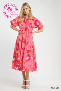 Mix Floral Smocked Midi Dress