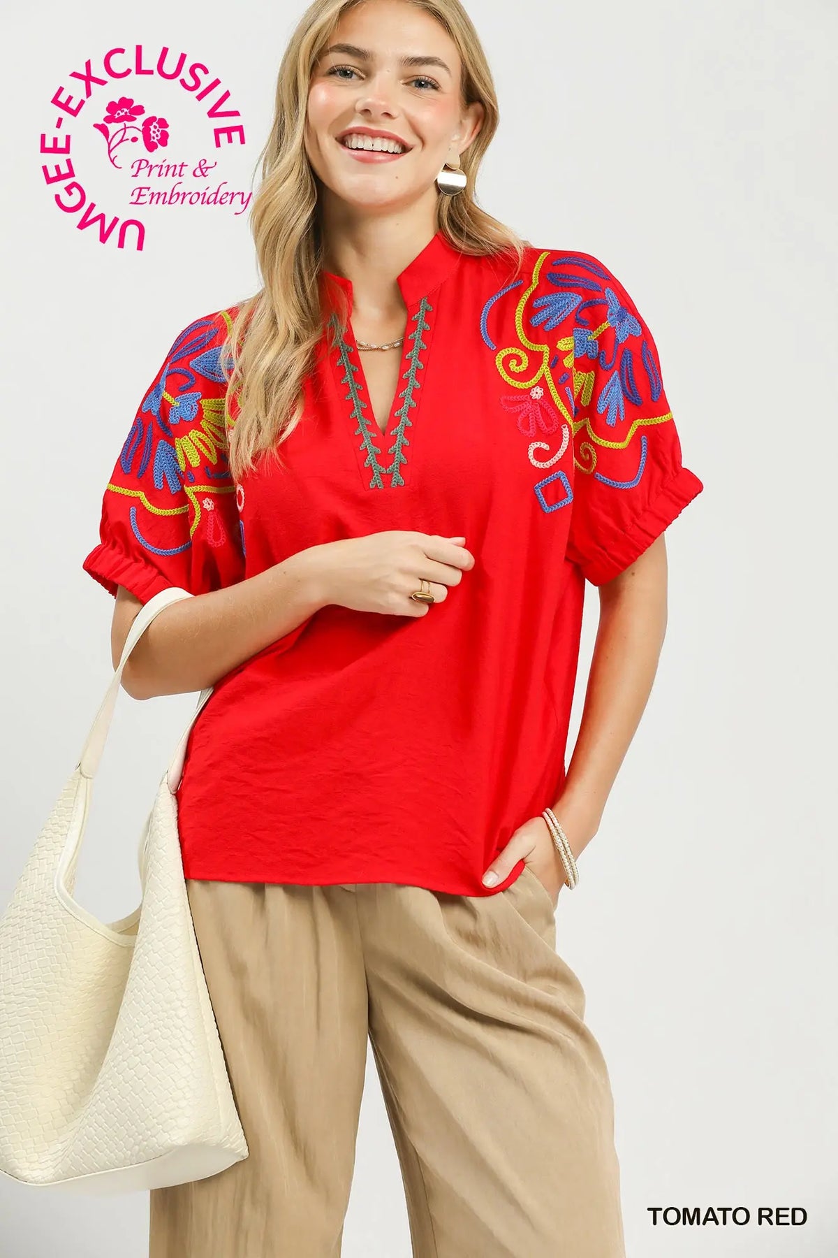Multicolor Embroidered Split Neck Top