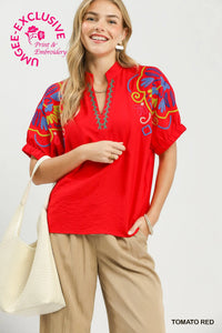 Multicolor Embroidered Split Neck Top