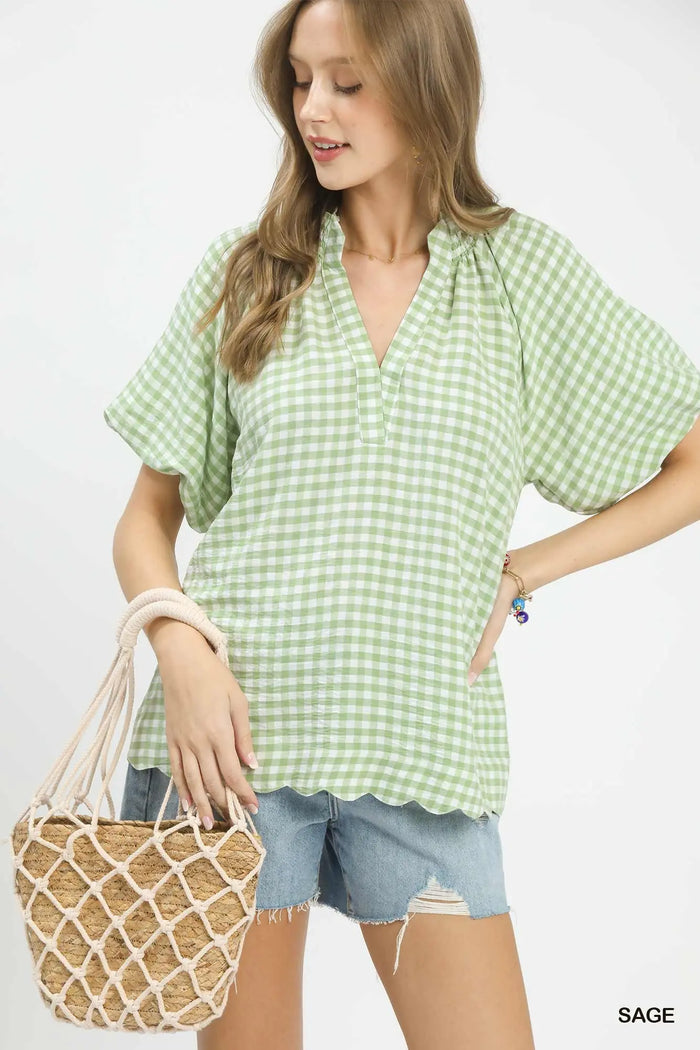 Gingham Bubble Sleeve V-Neck Top w/ Scallop Hem