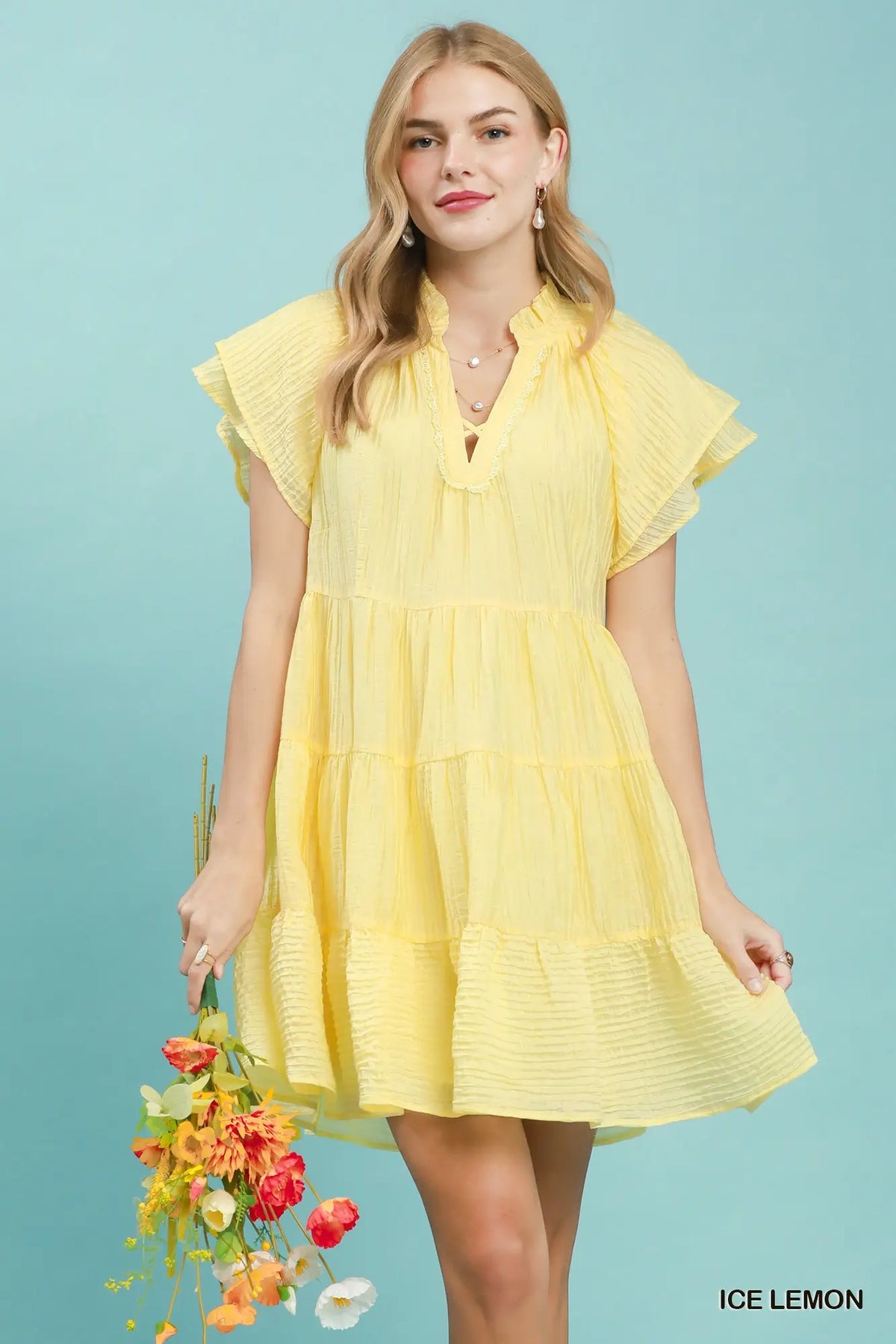 Tiered Ruffle Sleeve Textured Mini Dress