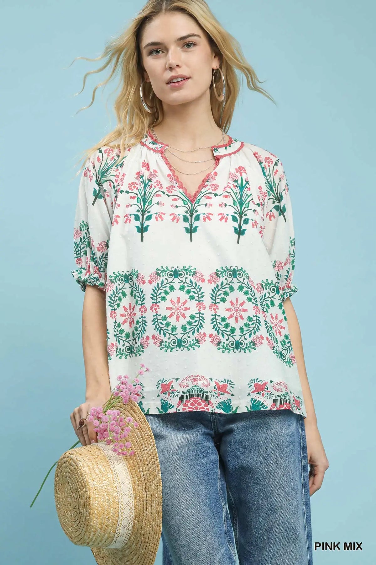 Mix Floral Border Print Split-Neck Boho Top