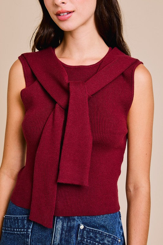 SLEEVE TIE DETAIL SLEEVELESS SWEATER TOP