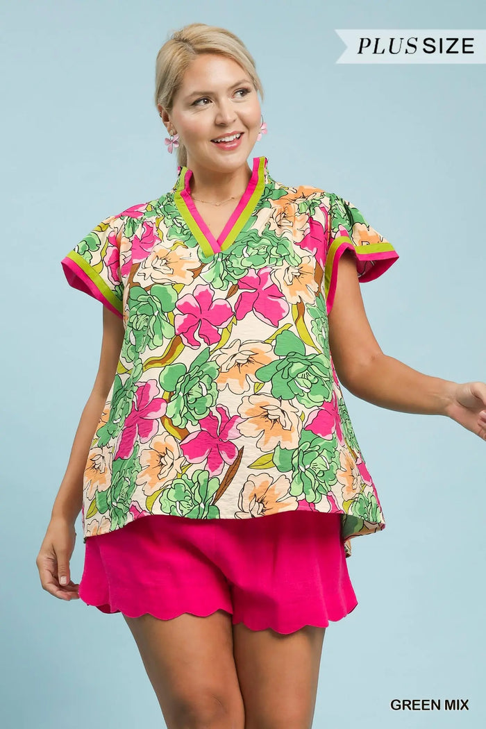 Floral Print Blouse with Contrast Trim