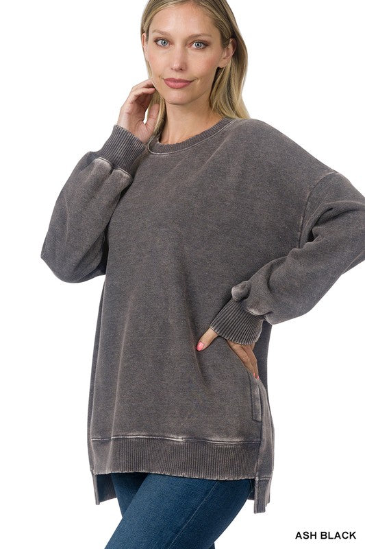 ACID WASH FLEECE HI-LOW HEM PULLOVER