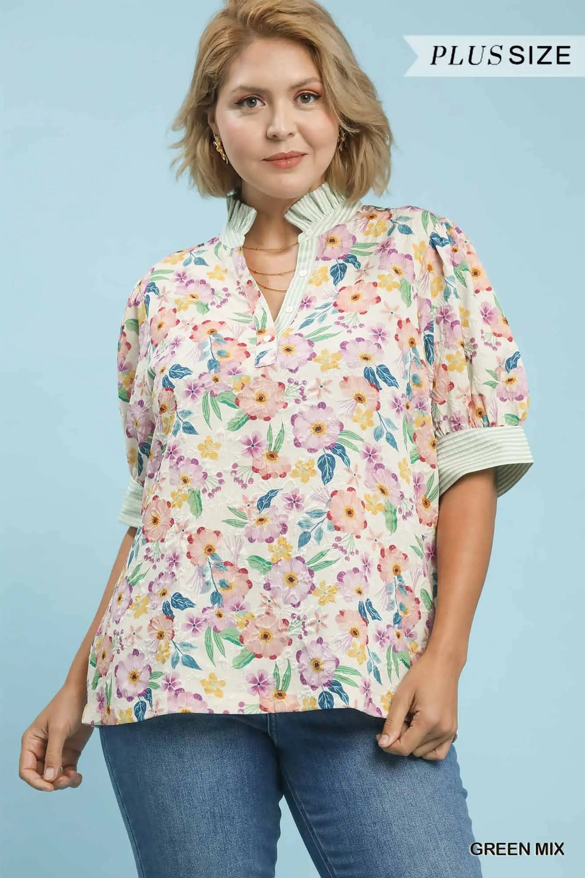 Floral Print Jacquard Ruffle Top