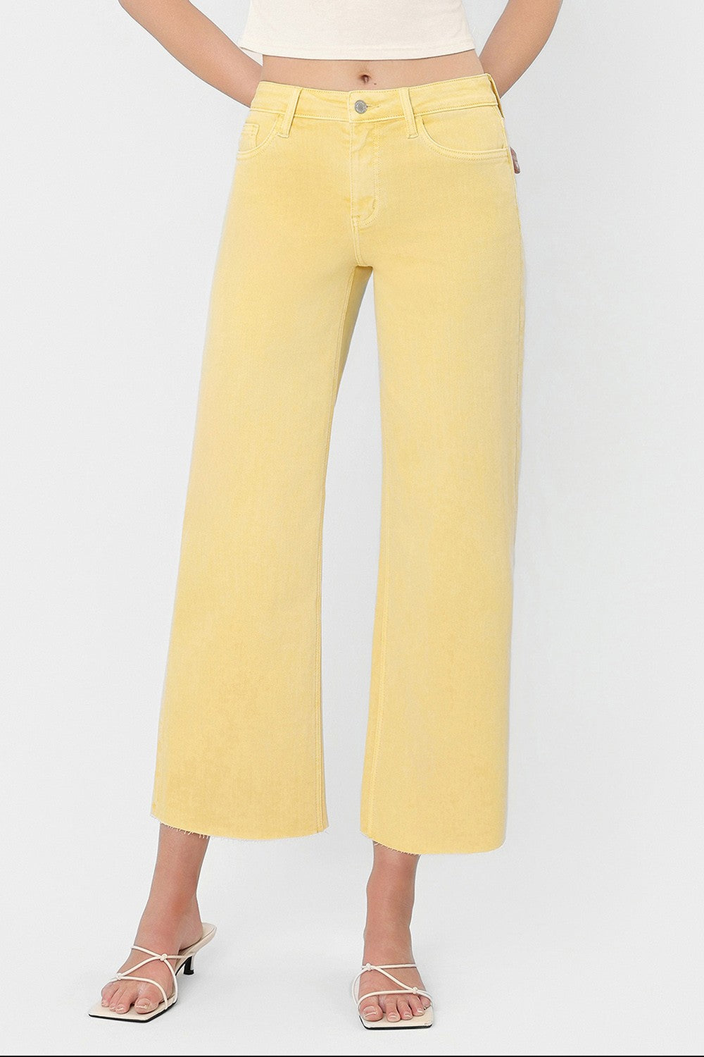 VERVET  HIGH RISE BABY YELLOW COLOR CROP WIDE LEG JEANS