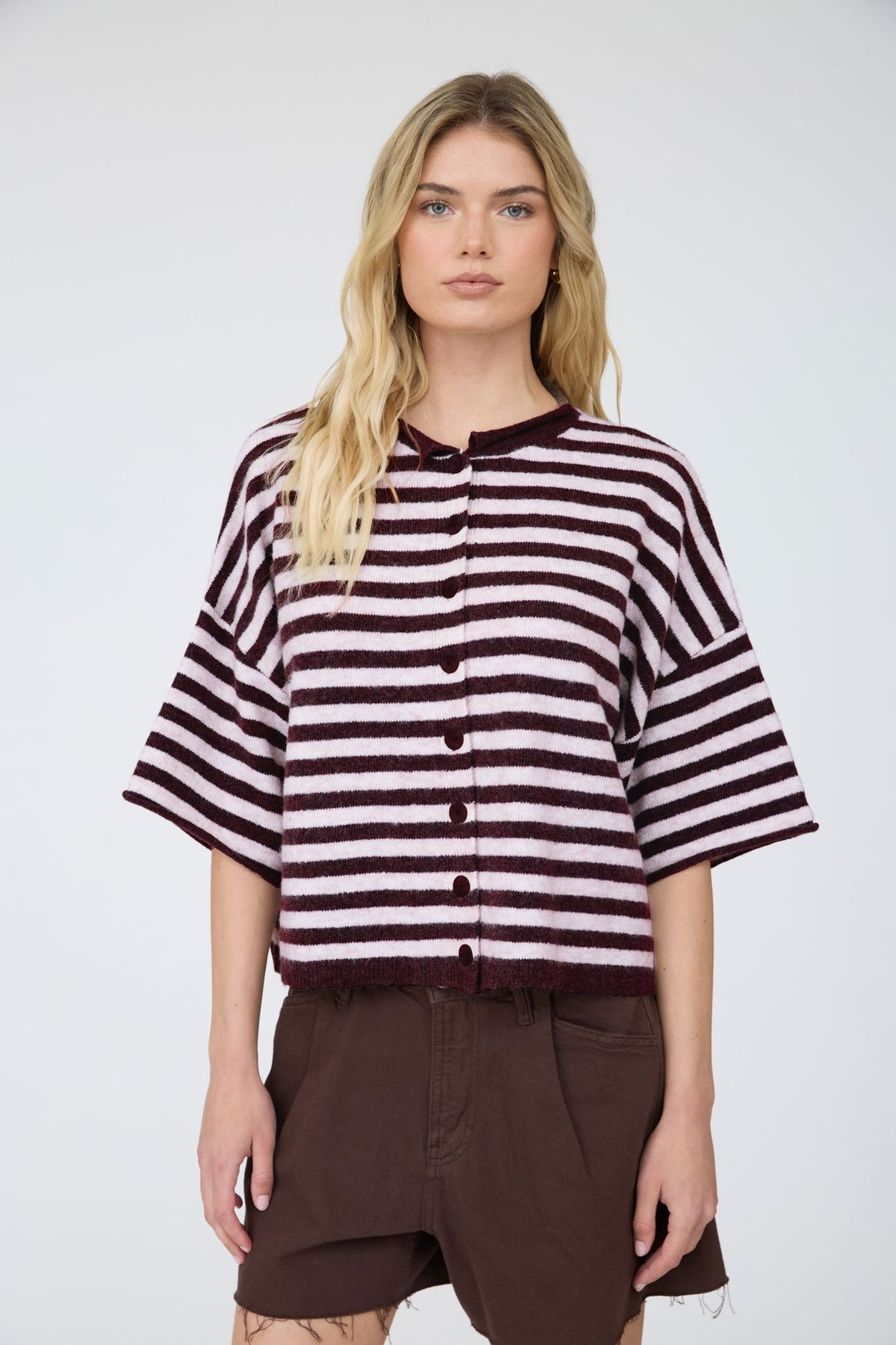 Stripe Raw Edge Short Sleeve Button Down Cardigan