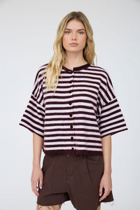 Stripe Raw Edge Short Sleeve Button Down Cardigan