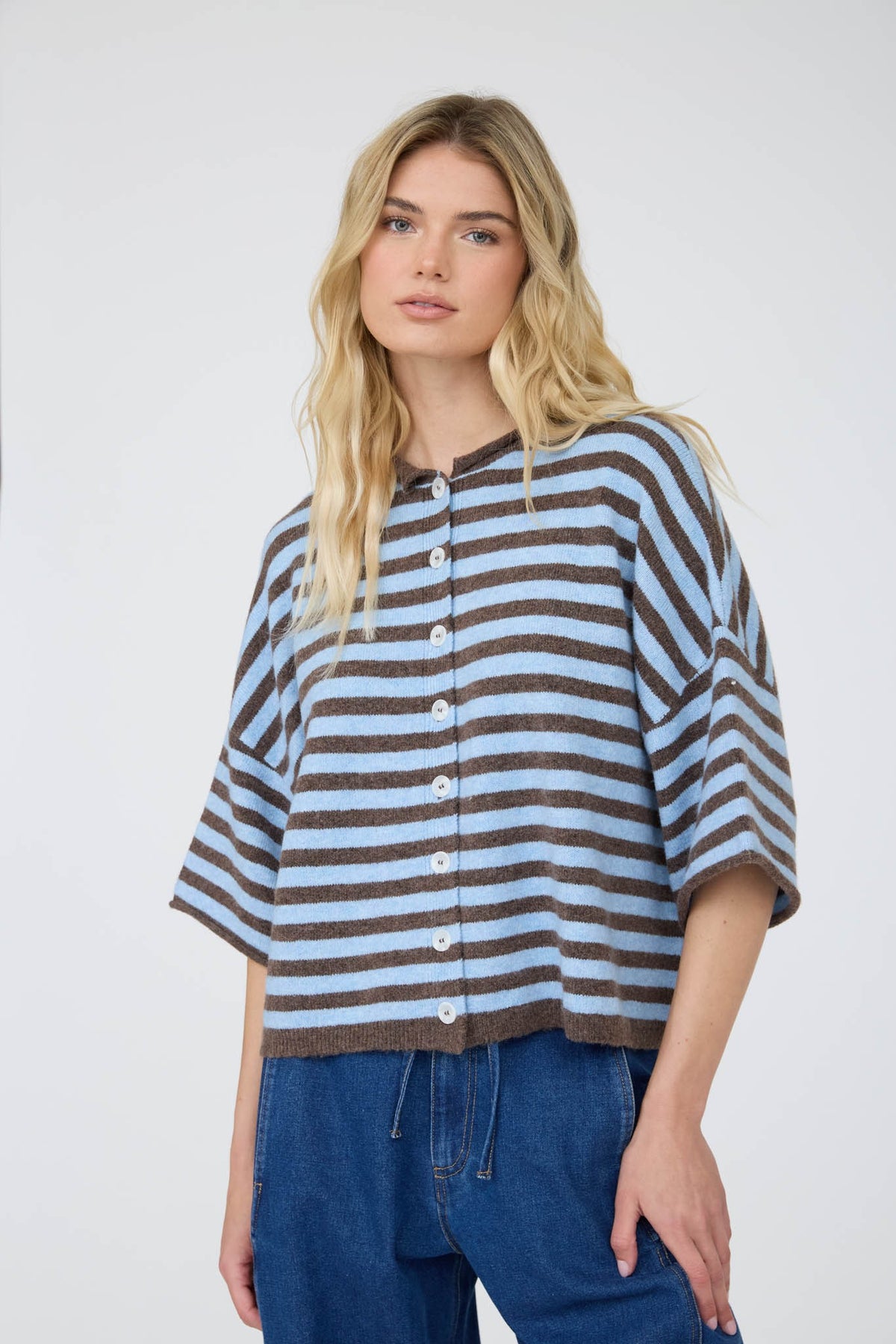 Stripe Raw Edge Short Sleeve Button Down Cardigan