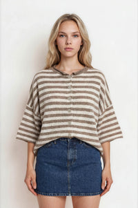 Stripe Raw Edge Short Sleeve Button Down Cardigan