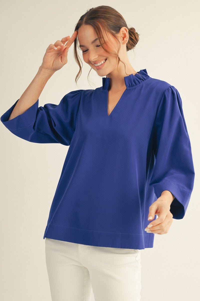 Ruffled Neck Crinkle Solid Top