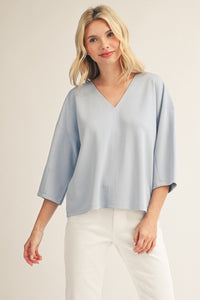 Drop shoulder 3/4 sleeves solid v neck top