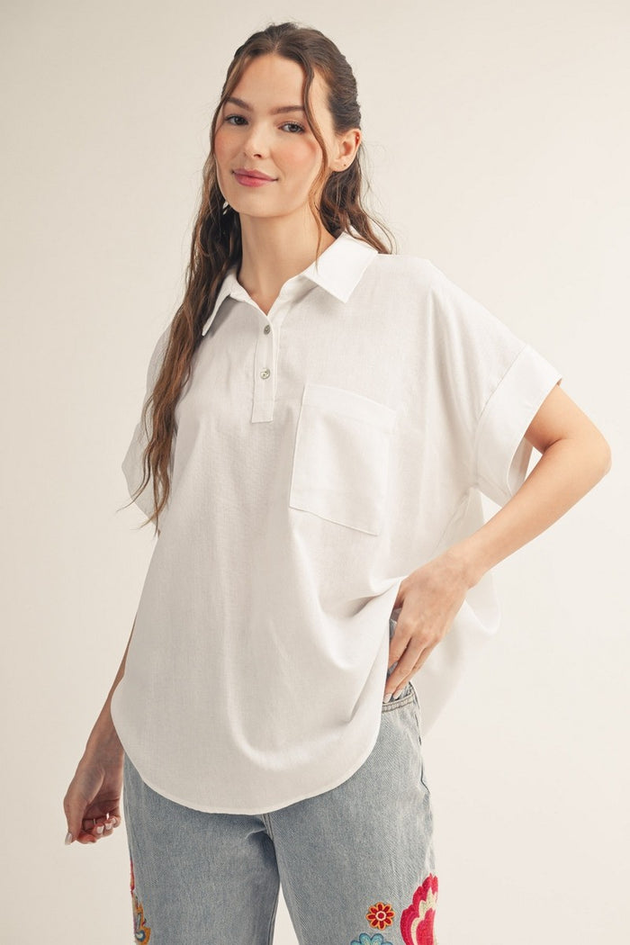 Drop Shoulder Round Hem Solid Woven Top