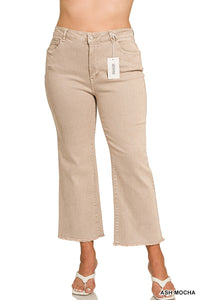 PLUS ACID WASHED HIGH WAIST FRAYED HEM BOOTCUT PANTS