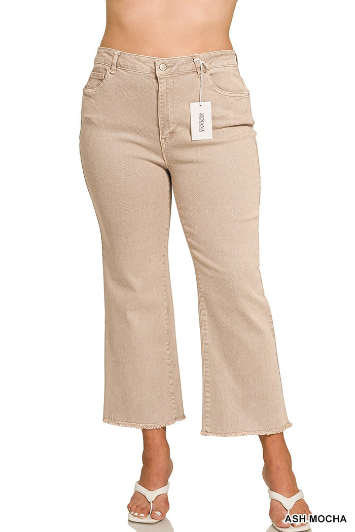 PLUS ACID WASHED HIGH WAIST FRAYED HEM BOOTCUT PANTS
