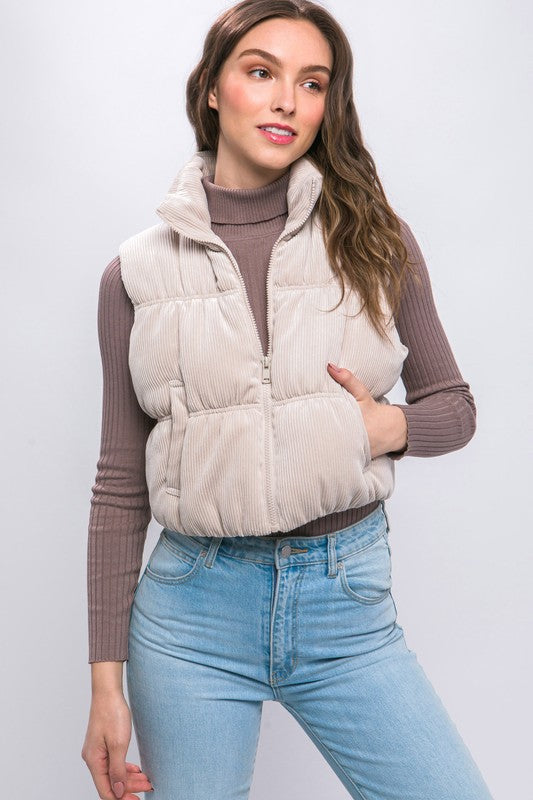 Corduroy Zip Up Puffer Vest with Pockets