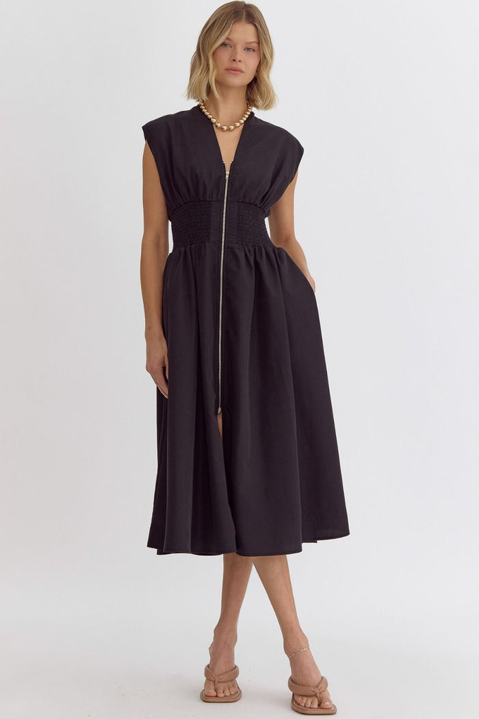 Solid v-neck sleeveless midi dress featuring dual zipper at front