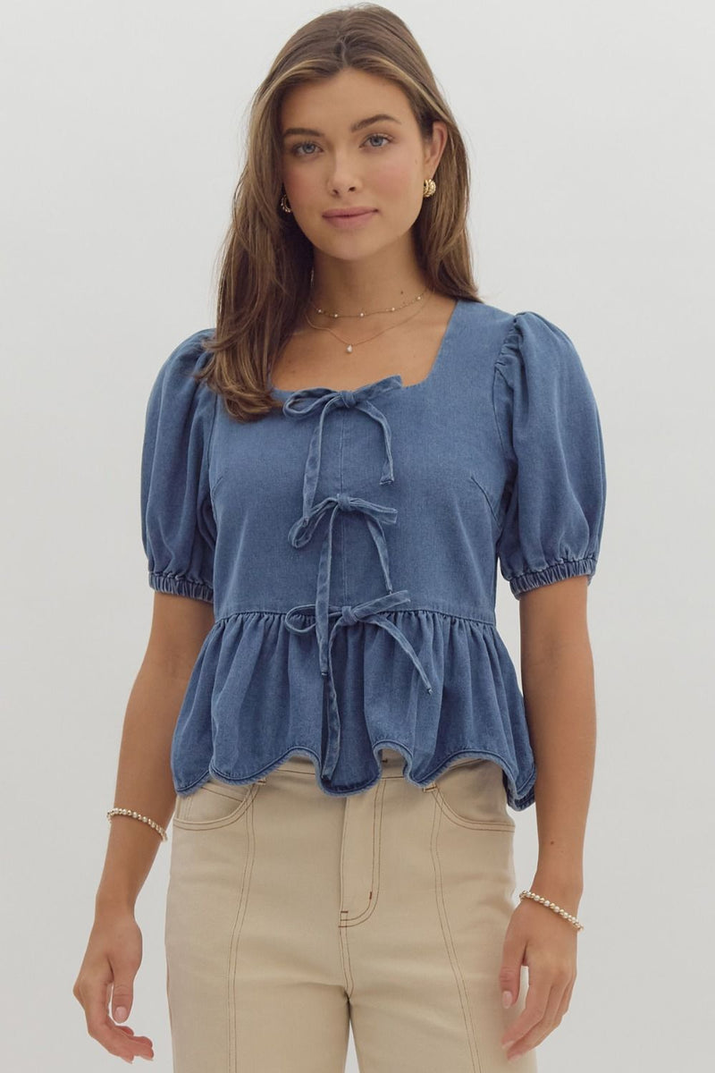 Solid short puff sleeve square neck ruffled peplum top