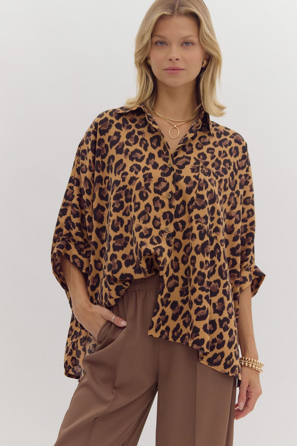 Cheetah print button down collared half sleeve top