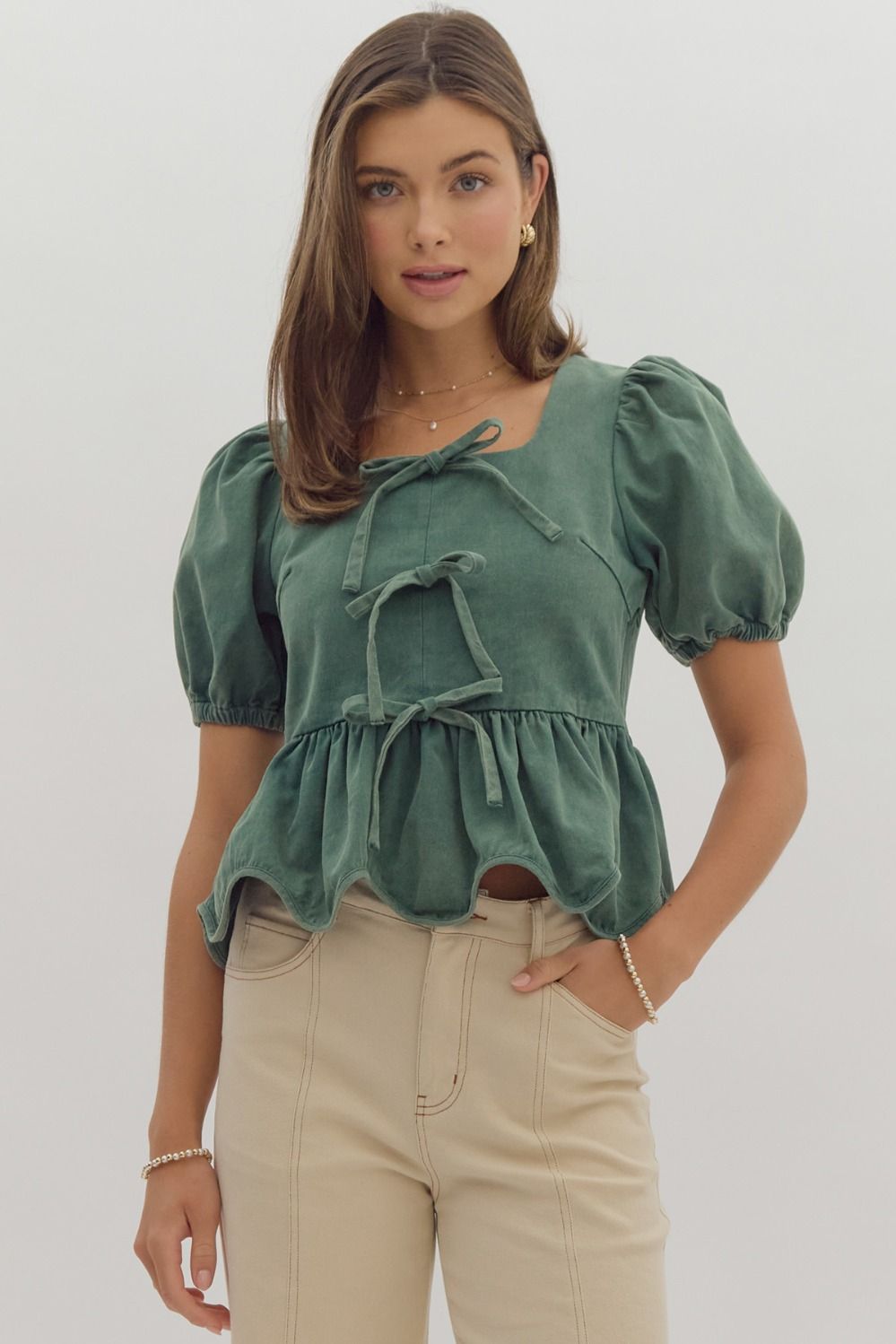 Solid short puff sleeve square neck ruffled peplum top – Willow at