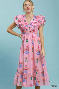 Floral Block Print Ruffle Trim Midi Dress