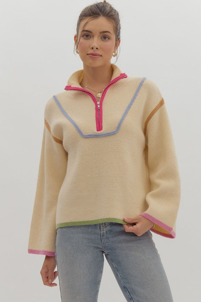 Solid ribbed long sleeve quarter zip knit sweater