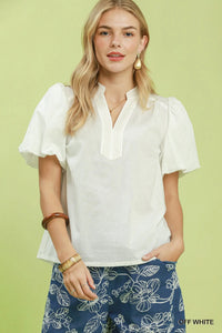 Solid Puff Sleeve Split Neck Top