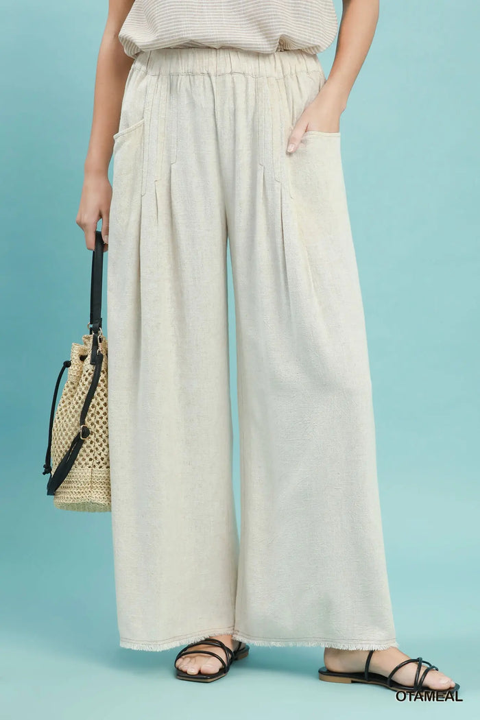 Linen Blend Wide Leg Pocket Pants