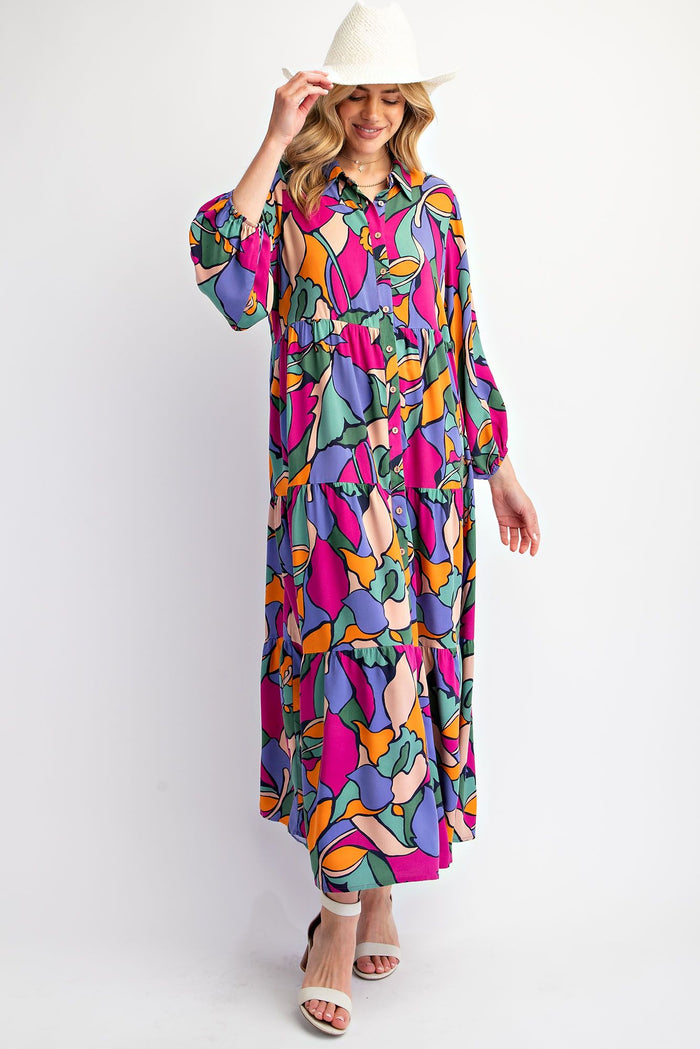 BUTTON DOWN RAYON CHALLIS WOVEN MAXI DRESS