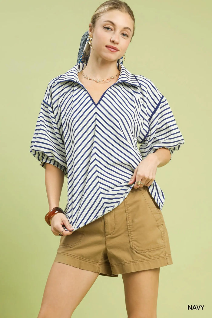 Chevron Stripe Collared Relaxed Top