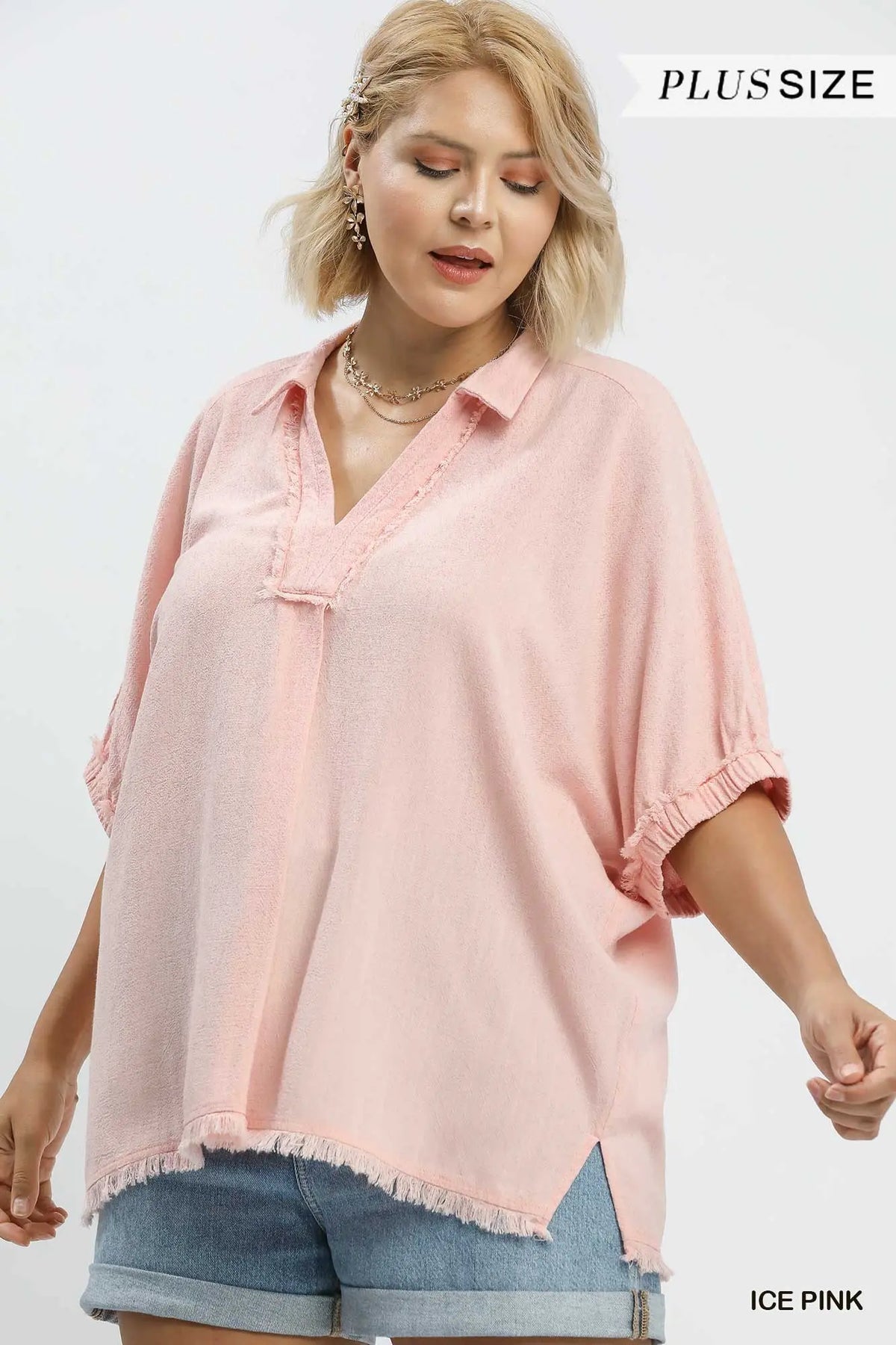Linen Frayed Edge Split Neck Short Sleeve Top