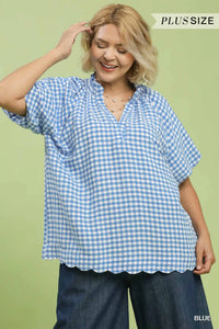 Gingham Bubble Sleeve V-Neck Top w/ Scallop Hem