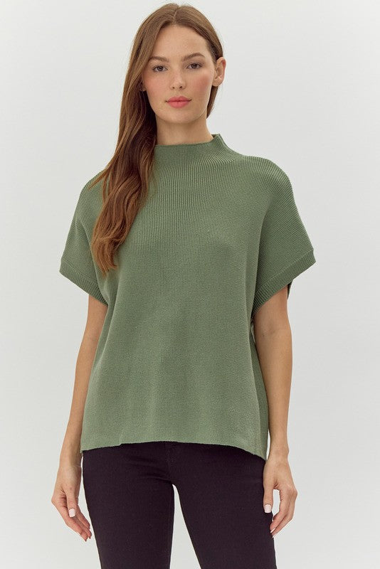 Ribbed knit top with mock neck