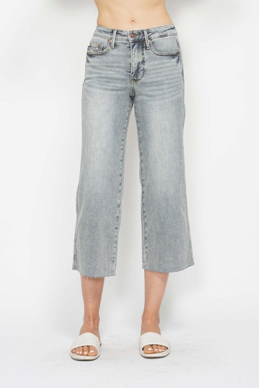 Judy Blue MR Tummy Control Raw Hem Crop Wide Light