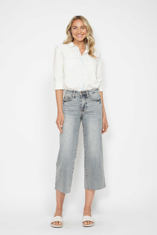 Judy Blue MR Tummy Control Raw Hem Crop Wide Light