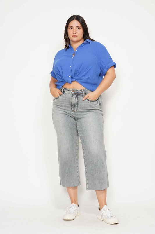 Judy Blue MR Tummy Control Raw Hem Crop Wide Light