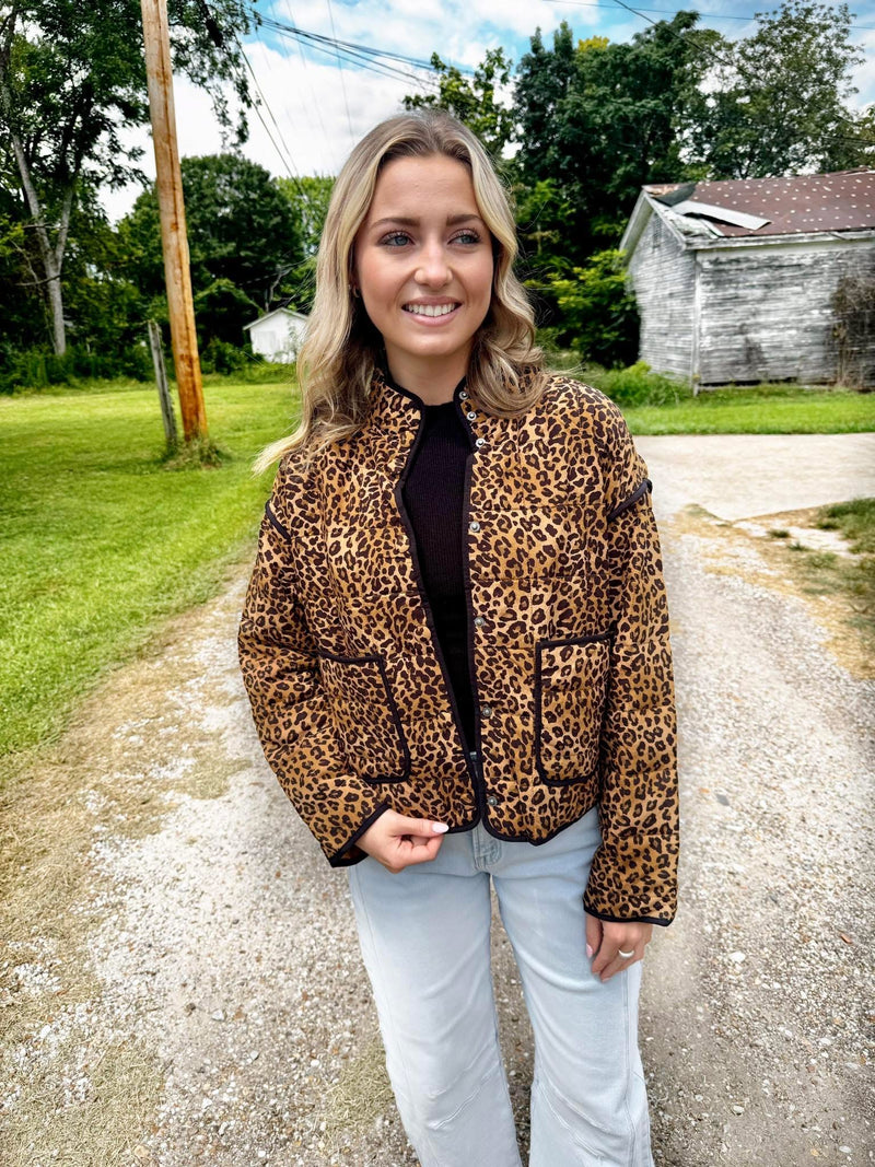 Quilted Leopard Button Down Puffer Jacket
