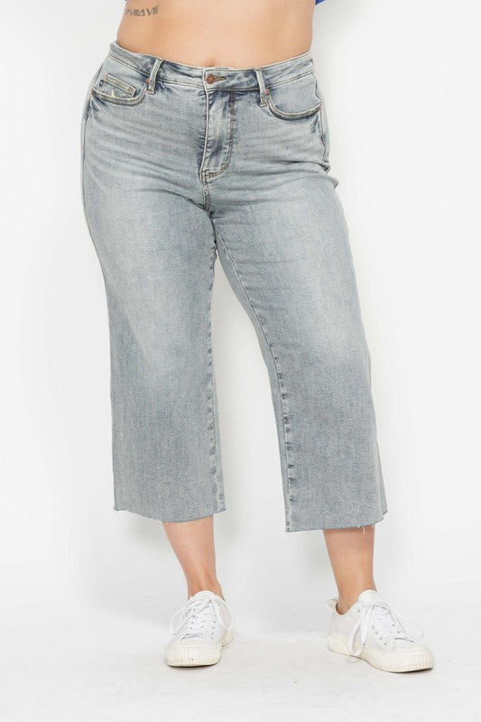 Judy Blue MR Tummy Control Raw Hem Crop Wide Light