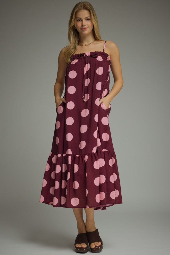 Polka dot adjustable strap midi dress