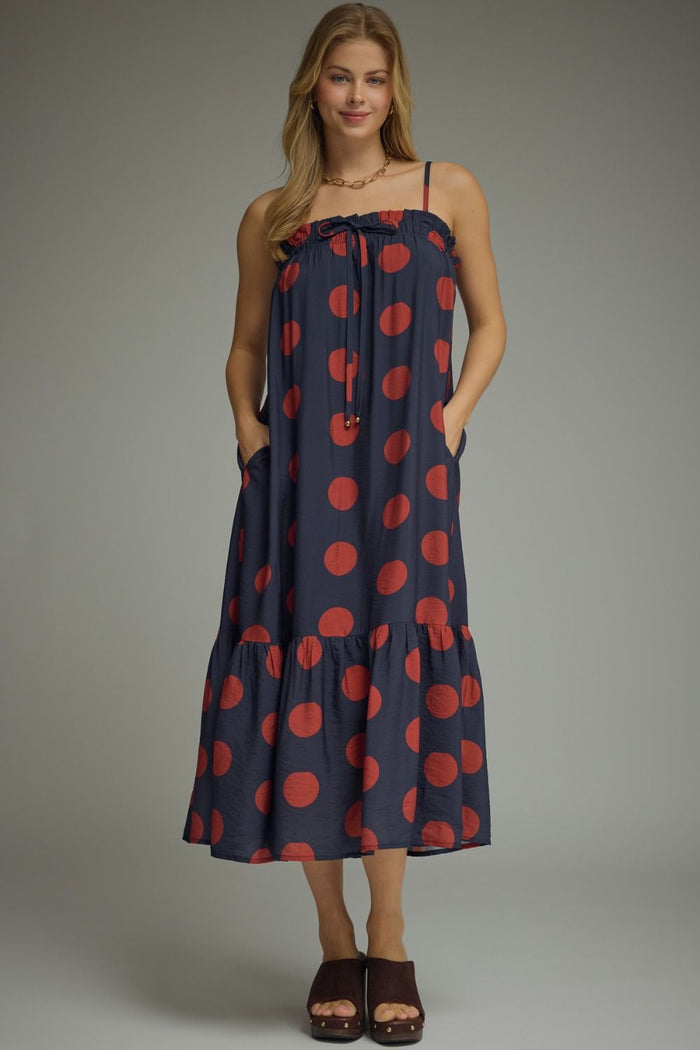 Polka dot adjustable strap midi dress