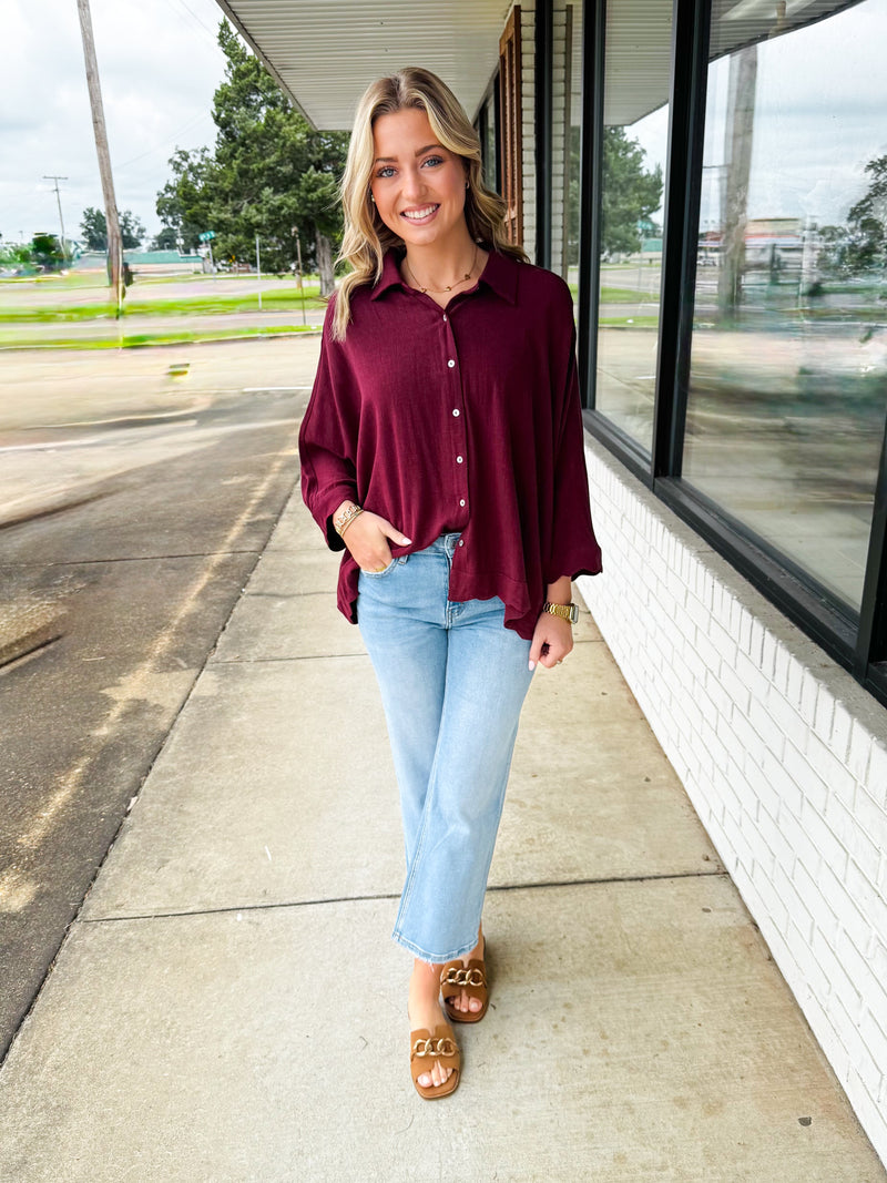 Linen Scallop Hem Button-Down Blouse