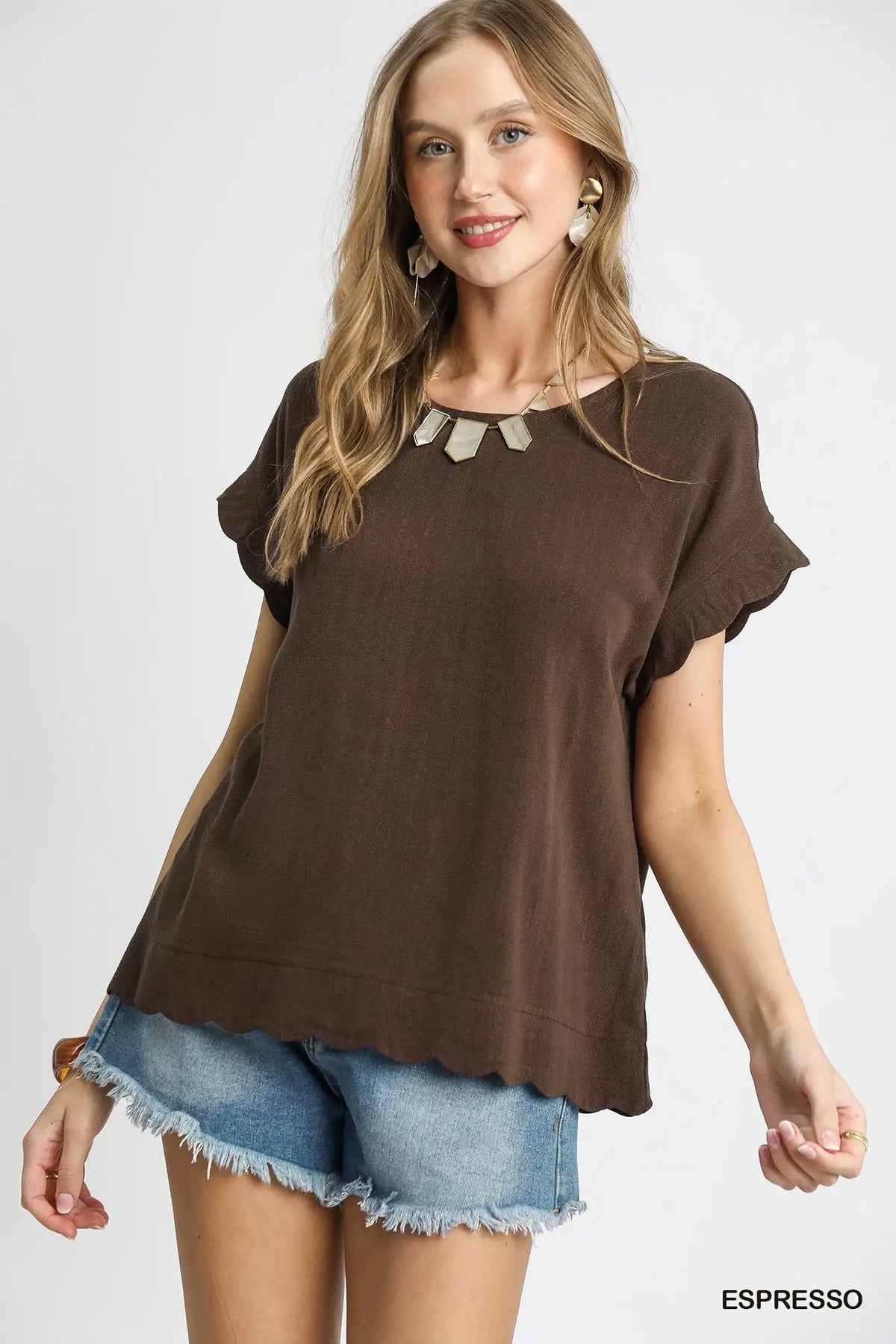 Scallop Hem Linen Blend Top