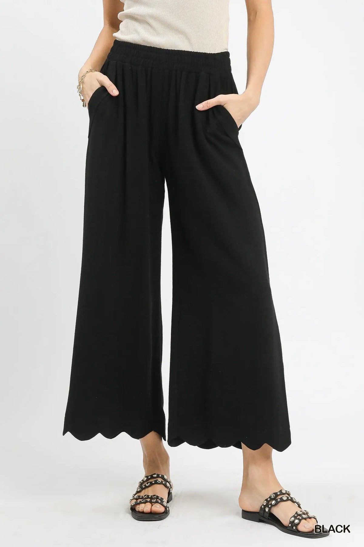 Linen Blend Scallop Hem Wide Leg Pants